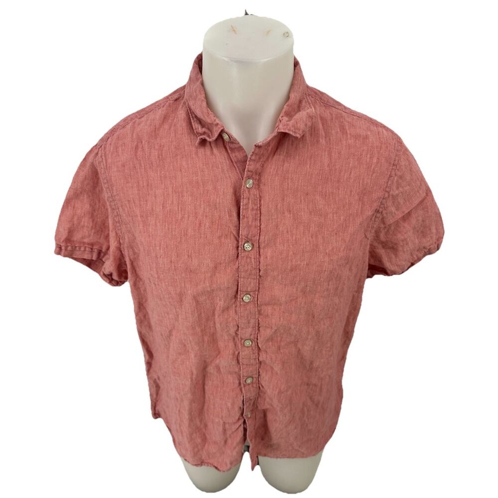 Perry Ellis XL Men Button Up 100% Linen Shirt Short Sleeve 53-15